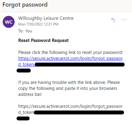 Example of confirmation email received with password reset link